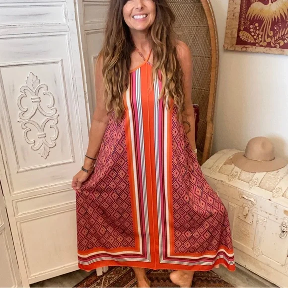 SALE💛 Zara Striped Halter Midi Dress Orange Black White Pink M Very 70s - Picture 9 of 9